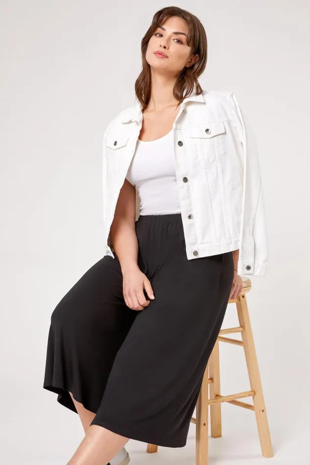 Women Black Curve Plain Elastic Waist Culotte Trousers Roman Trousers