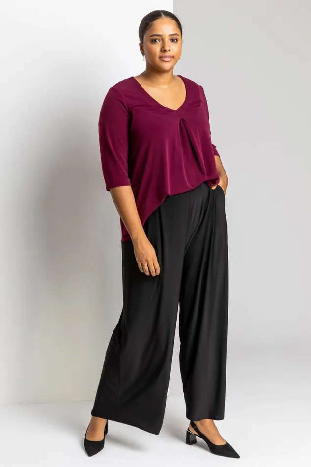 Women Black Curve Plain Elastic Waist Wide Leg Trouser Roman Trousers