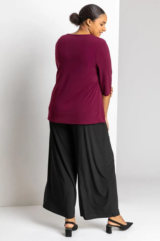 Women Black Curve Plain Elastic Waist Wide Leg Trouser Roman Trousers