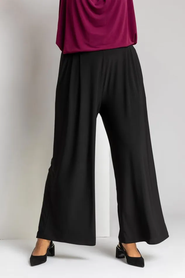 Women Black Curve Plain Elastic Waist Wide Leg Trouser Roman Trousers