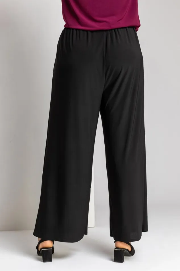 Women Black Curve Plain Elastic Waist Wide Leg Trouser Roman Trousers