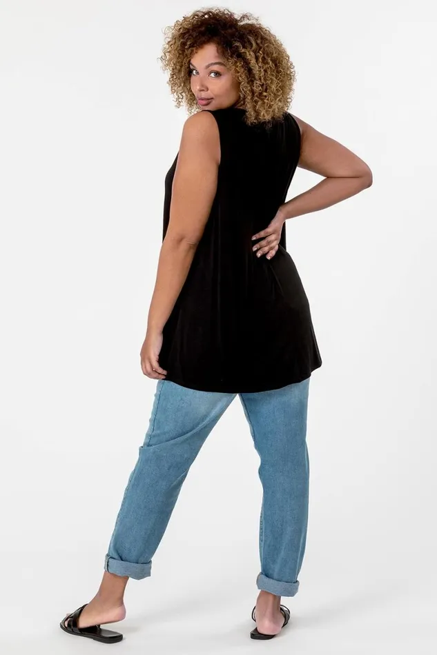 Women Black Curve Plain VNeck Vest Top Roman Tops