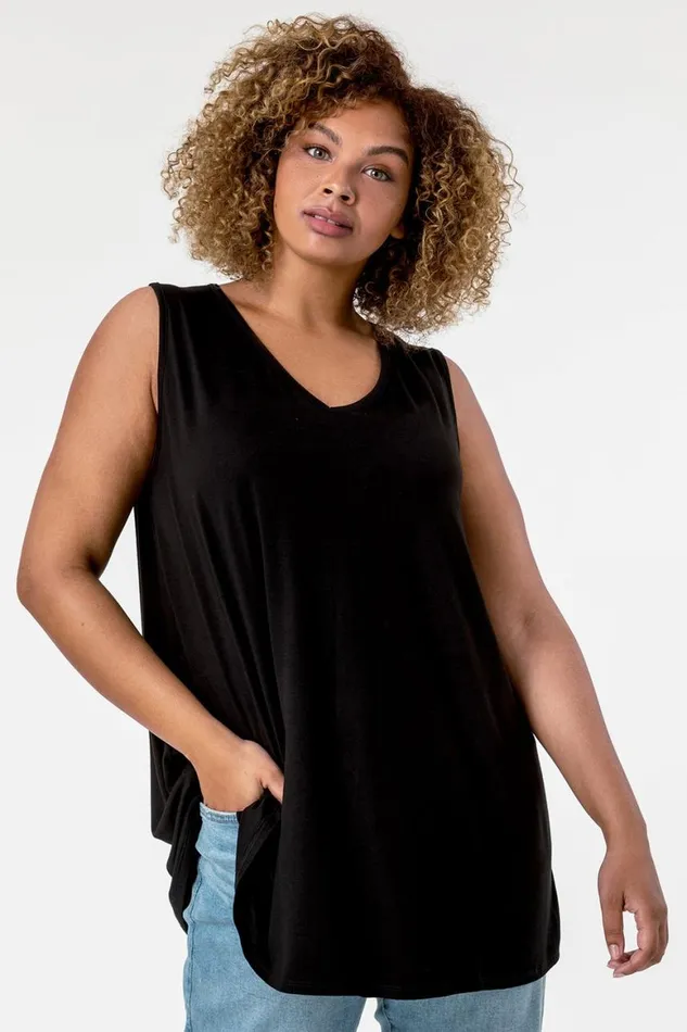 Women Black Curve Plain VNeck Vest Top Roman Tops