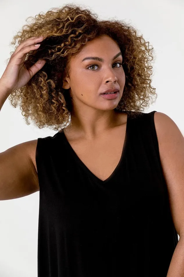 Women Black Curve Plain VNeck Vest Top Roman Tops