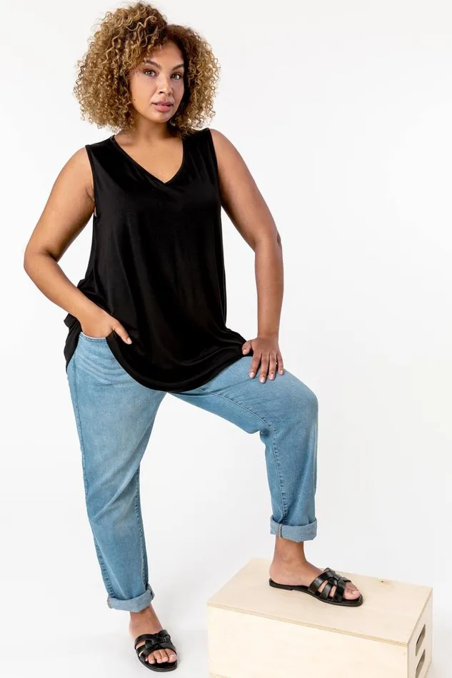 Women Black Curve Plain VNeck Vest Top Roman Tops