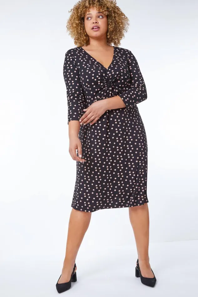 Women Black Curve Spot Print Twist Front Ruched Dress Roman Dresses