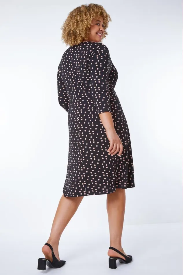 Women Black Curve Spot Print Twist Front Ruched Dress Roman Dresses
