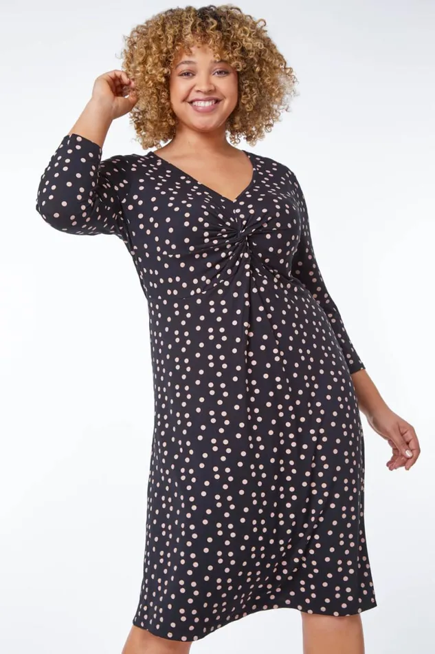 Women Black Curve Spot Print Twist Front Ruched Dress Roman Dresses