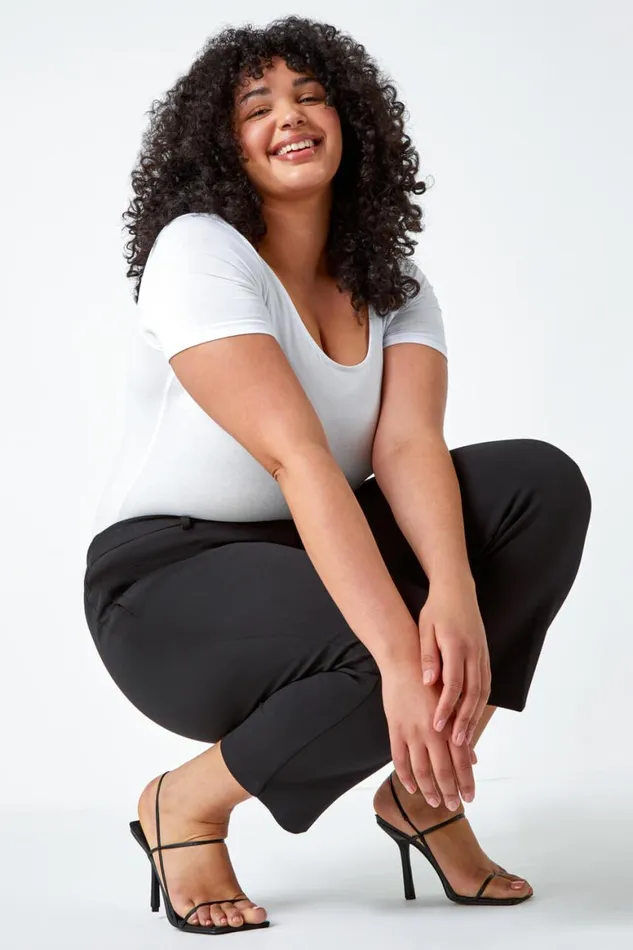 Women Black Curve Straight Smart Trousers Roman Trousers