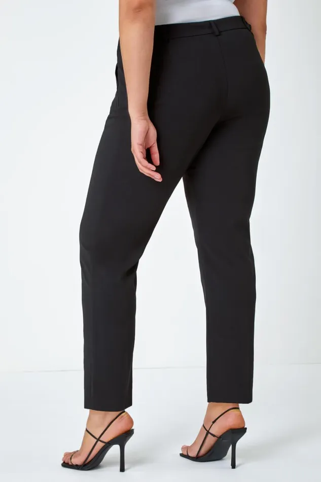 Women Black Curve Straight Smart Trousers Roman Trousers