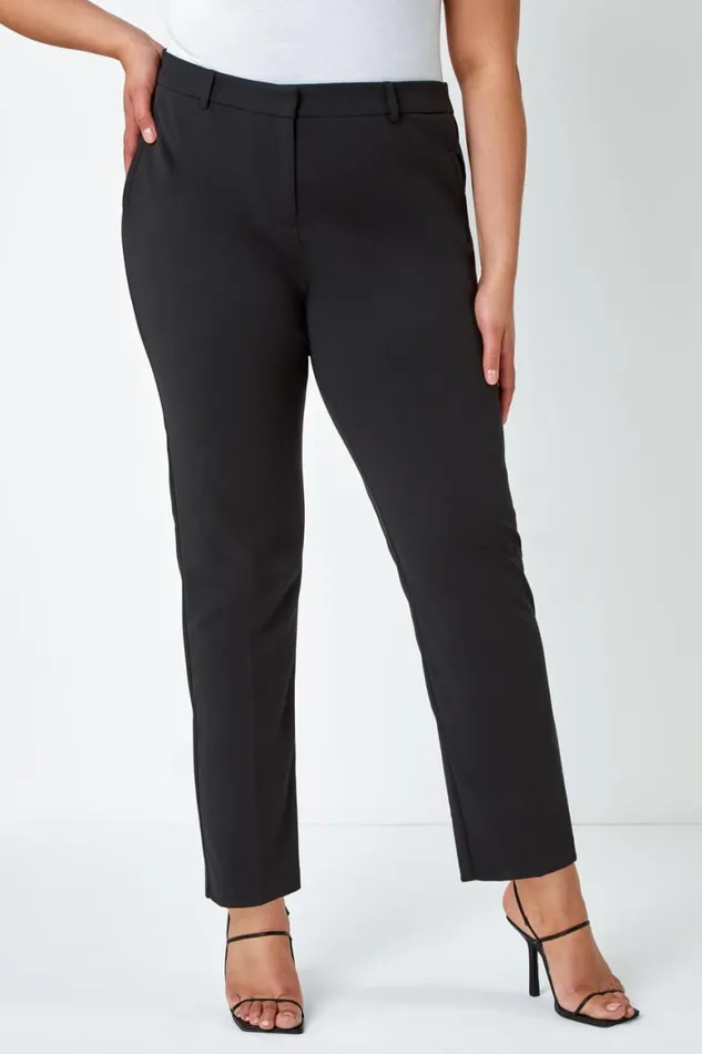 Women Black Curve Straight Smart Trousers Roman Trousers