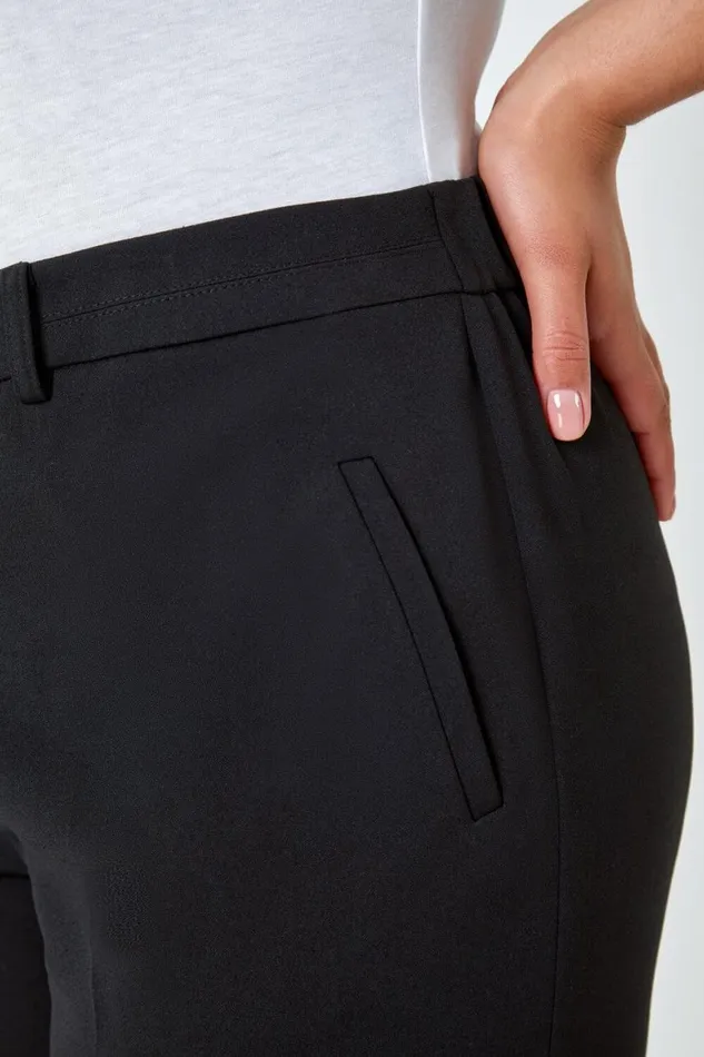 Women Black Curve Straight Smart Trousers Roman Trousers