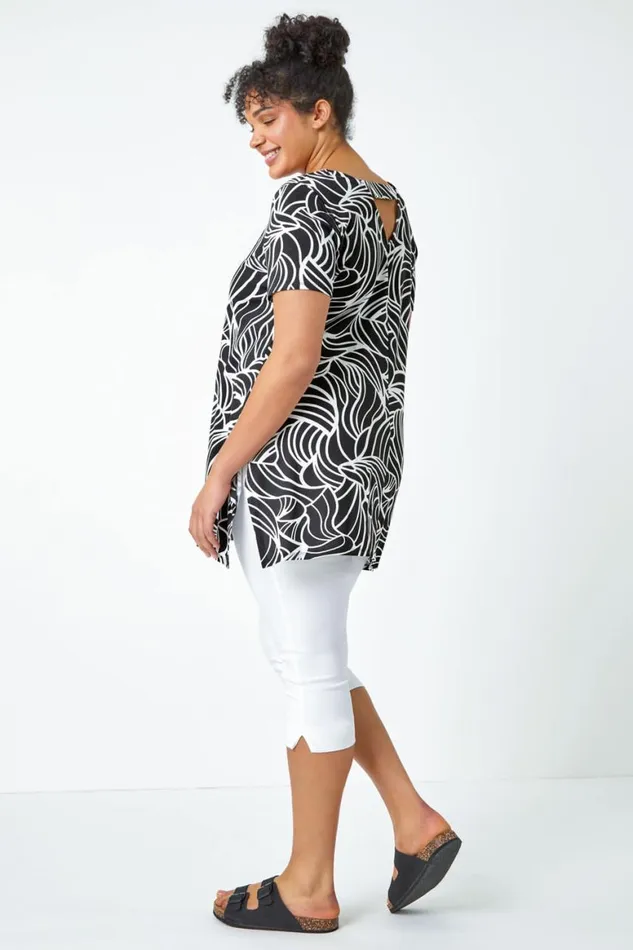 Women Black Curve Swirl Print Stretch Top Roman Tops