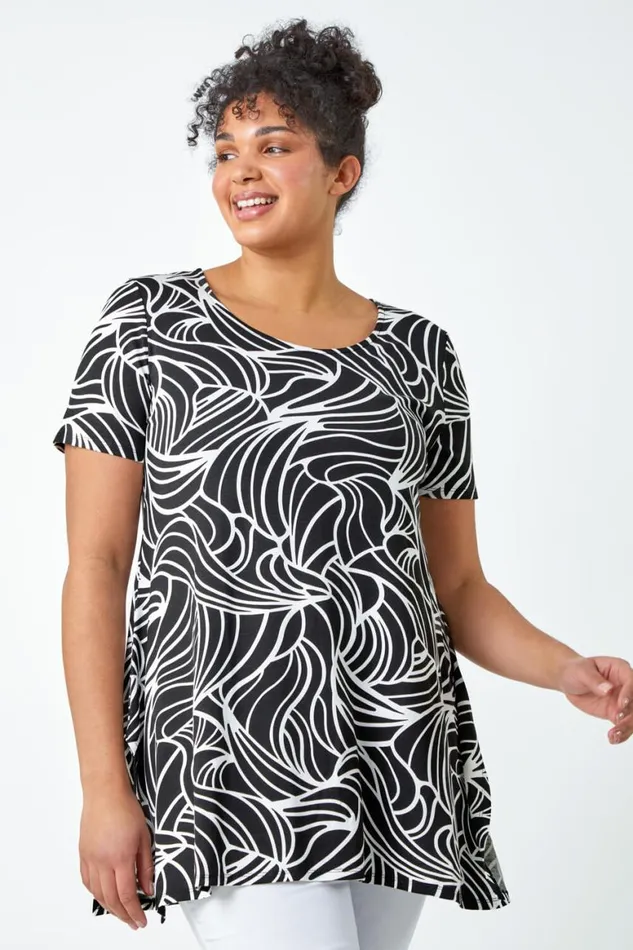 Women Black Curve Swirl Print Stretch Top Roman Tops