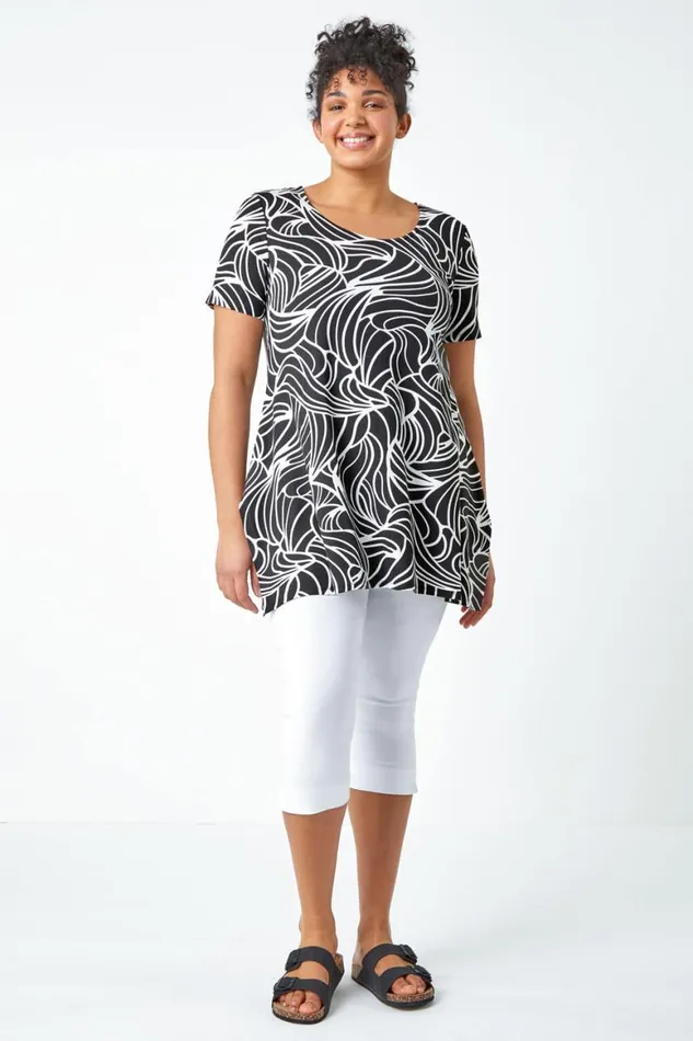 Women Black Curve Swirl Print Stretch Top Roman Tops