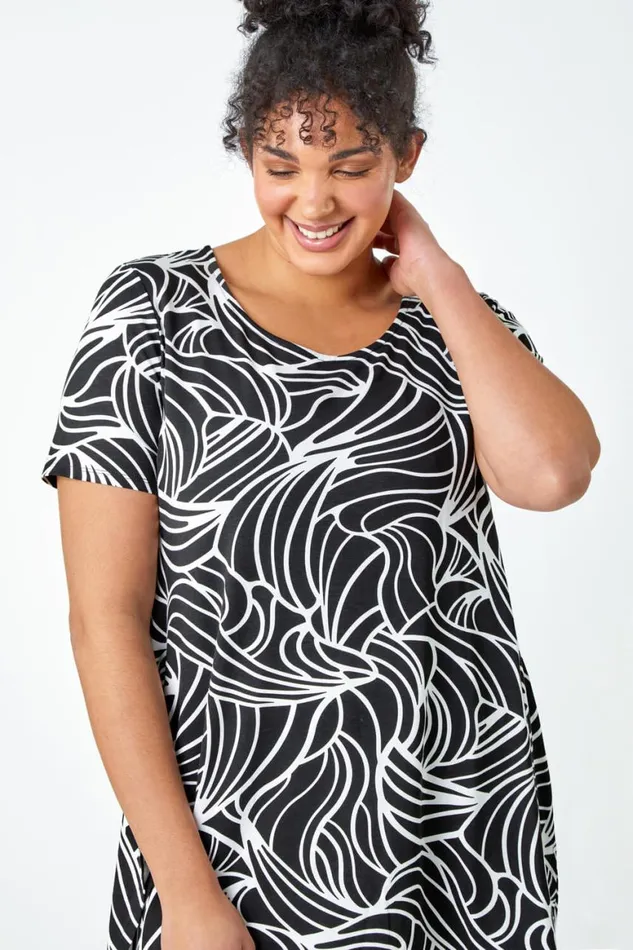 Women Black Curve Swirl Print Stretch Top Roman Tops