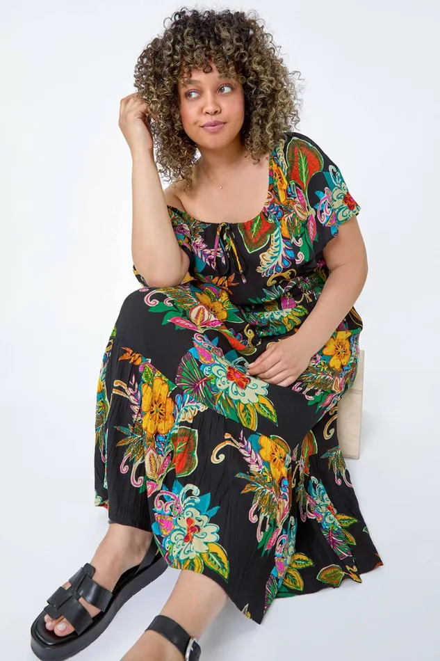 Women Black Curve Tropical Crinkle Shirred Midi Dress Roman Dresses
