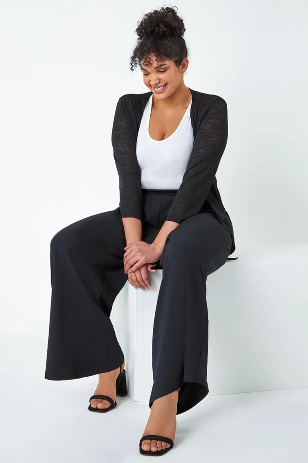 Women Black Curve Wide Leg Pleat Stretch Trousers Roman Occasionwear