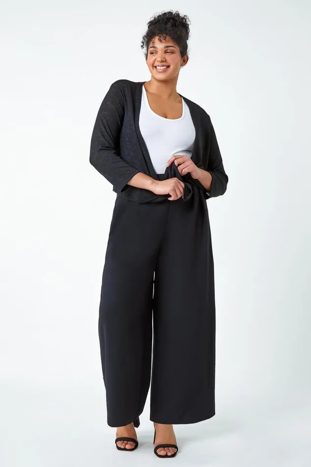 Women Black Curve Wide Leg Pleat Stretch Trousers Roman Occasionwear
