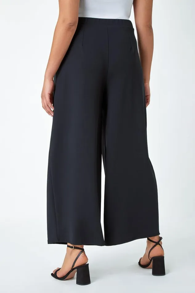 Women Black Curve Wide Leg Pleat Stretch Trousers Roman Occasionwear