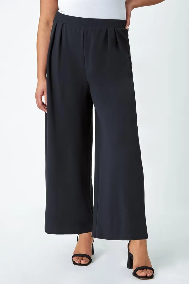 Women Black Curve Wide Leg Pleat Stretch Trousers Roman Occasionwear