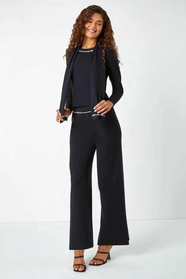 Women Black Diamante Trim Knitted Top and Scarf Roman Tops