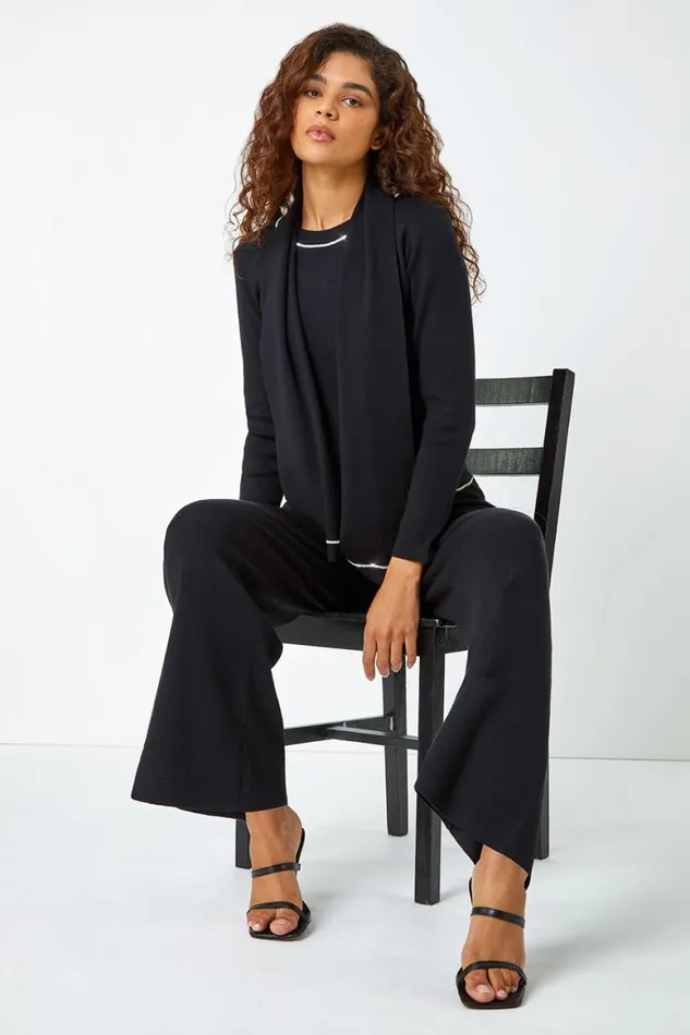 Women Black Diamante Trim Knitted Top and Scarf Roman Tops
