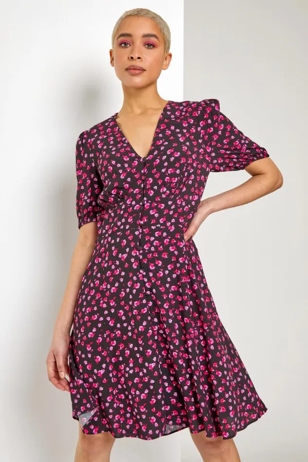 Women Black Ditsy Floral Frill Hem Tea Dress Roman Dresses