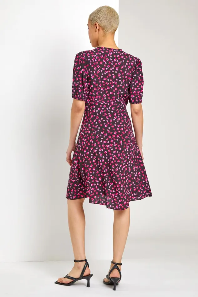 Women Black Ditsy Floral Frill Hem Tea Dress Roman Dresses