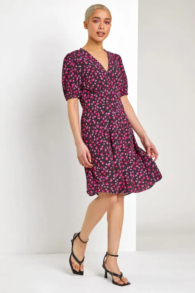 Women Black Ditsy Floral Frill Hem Tea Dress Roman Dresses