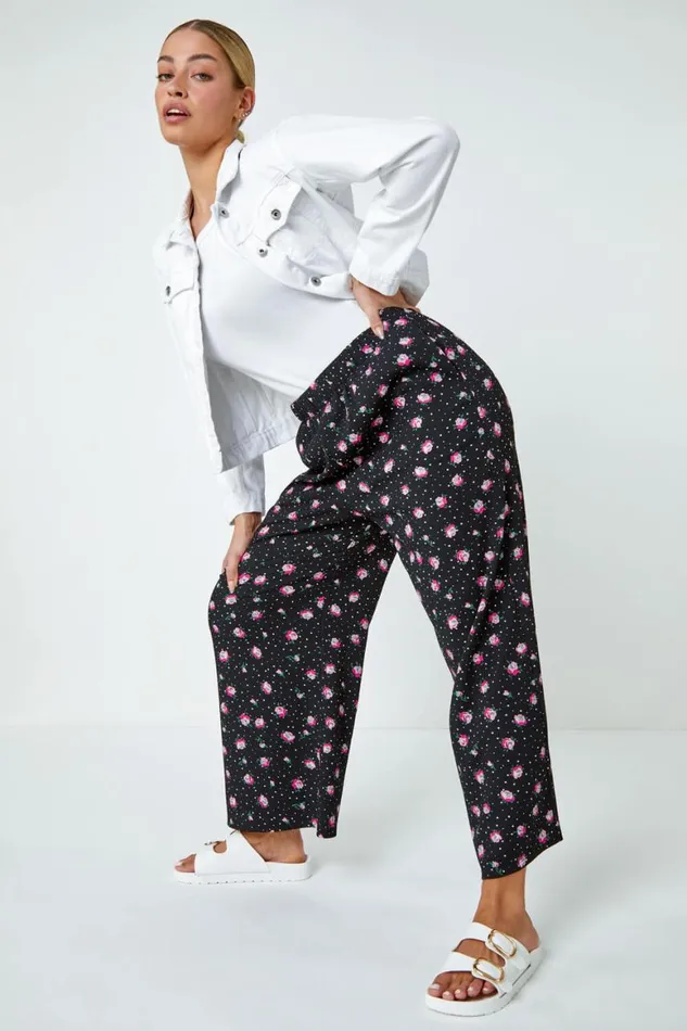 Women Black Ditsy Floral Print Stretch Culottes Roman Trousers
