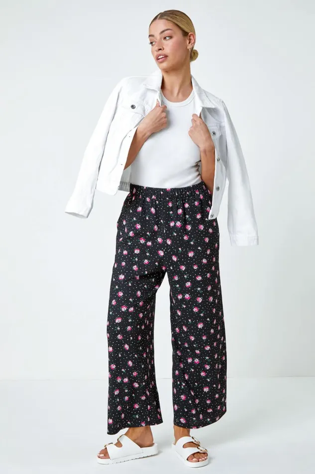 Women Black Ditsy Floral Print Stretch Culottes Roman Trousers