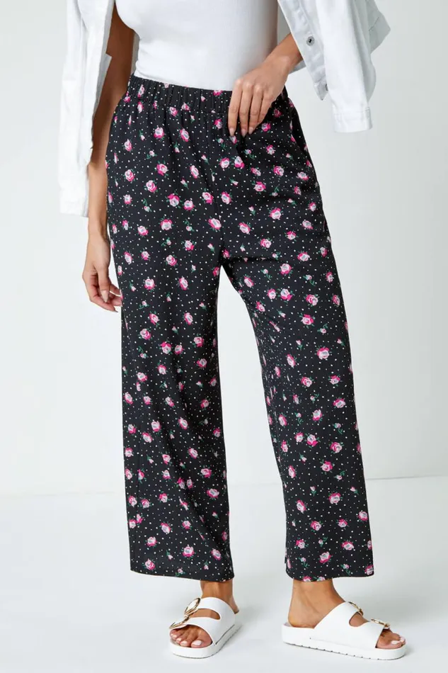 Women Black Ditsy Floral Print Stretch Culottes Roman Trousers