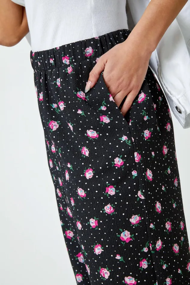 Women Black Ditsy Floral Print Stretch Culottes Roman Trousers