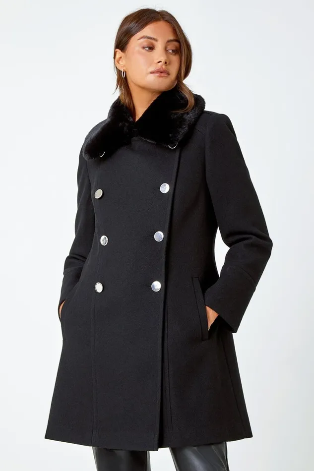 Women Black Double Breasted Faux Fur Collar Coat Roman Coats