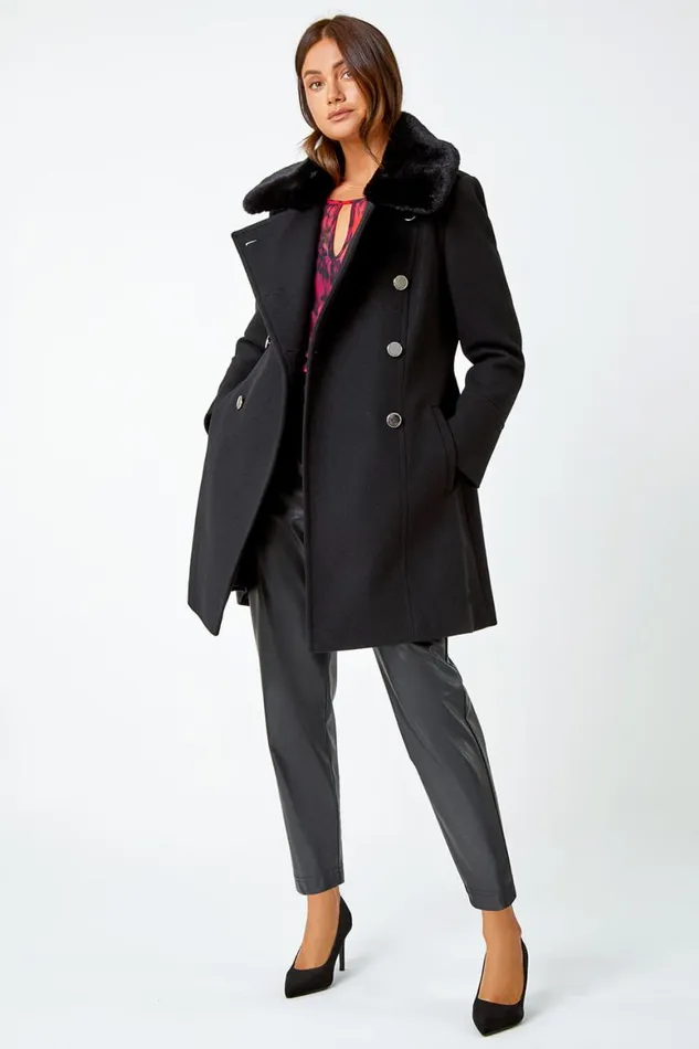 Women Black Double Breasted Faux Fur Collar Coat Roman Coats