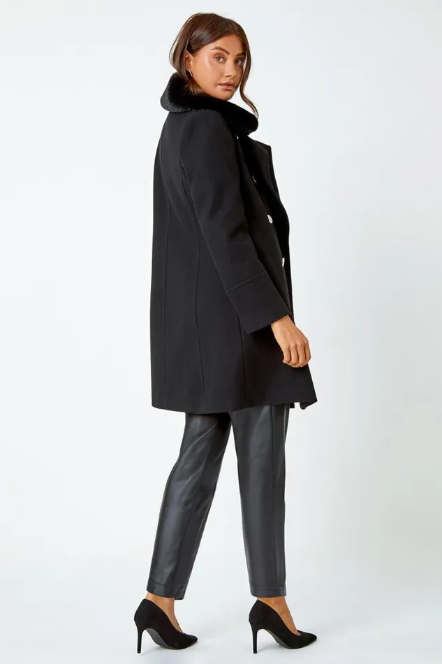 Women Black Double Breasted Faux Fur Collar Coat Roman Coats