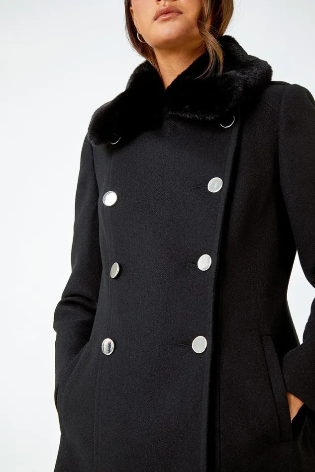 Women Black Double Breasted Faux Fur Collar Coat Roman Coats