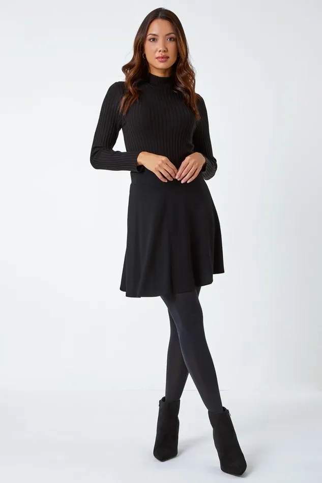 Women Black Elastic Waist Stretch A Line Skater Skirt Roman Skirts