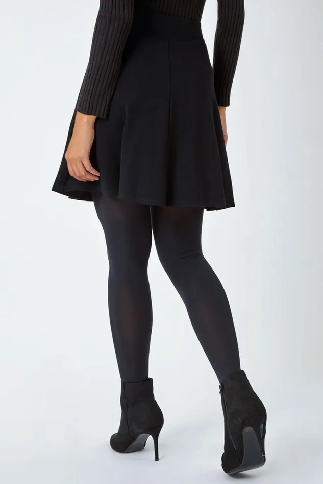 Women Black Elastic Waist Stretch A Line Skater Skirt Roman Skirts