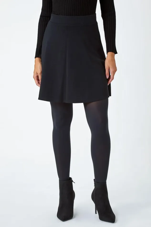 Women Black Elastic Waist Stretch A Line Skater Skirt Roman Skirts