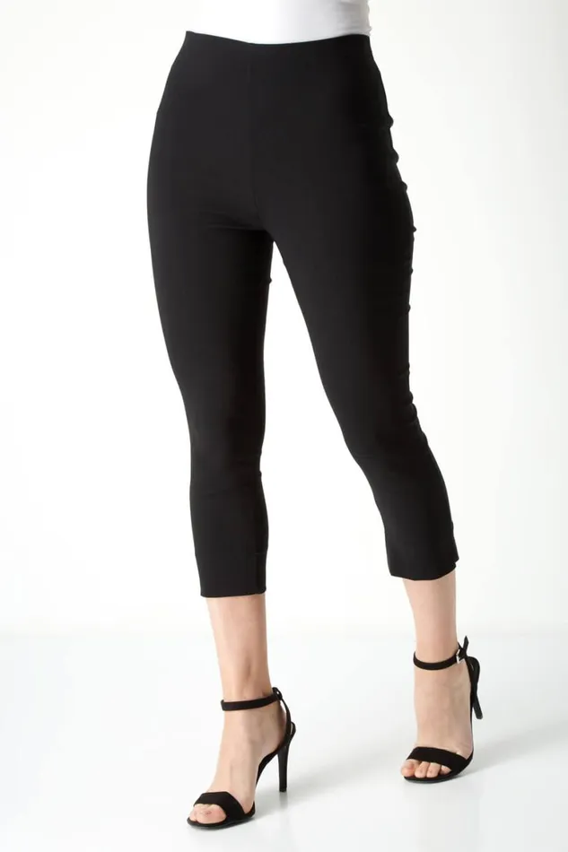 Women Black Elastic Waist Stretch Cropped Trousers Roman Occasionwear