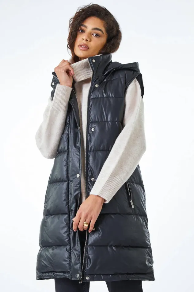 Women Black Faux Leather Longline Quilted Gilet Roman Coats