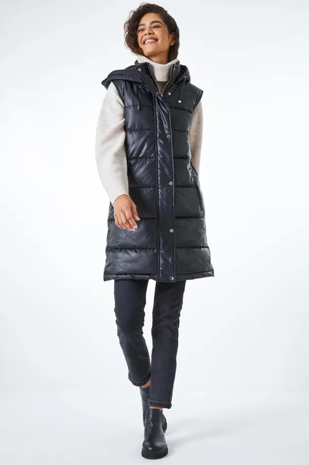 Women Black Faux Leather Longline Quilted Gilet Roman Coats