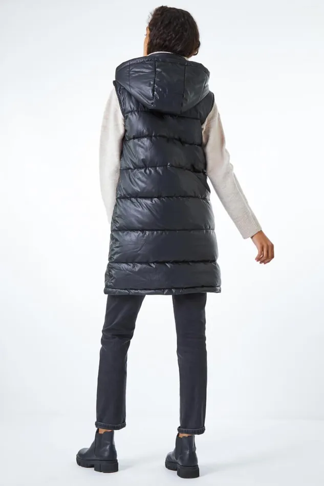 Women Black Faux Leather Longline Quilted Gilet Roman Coats