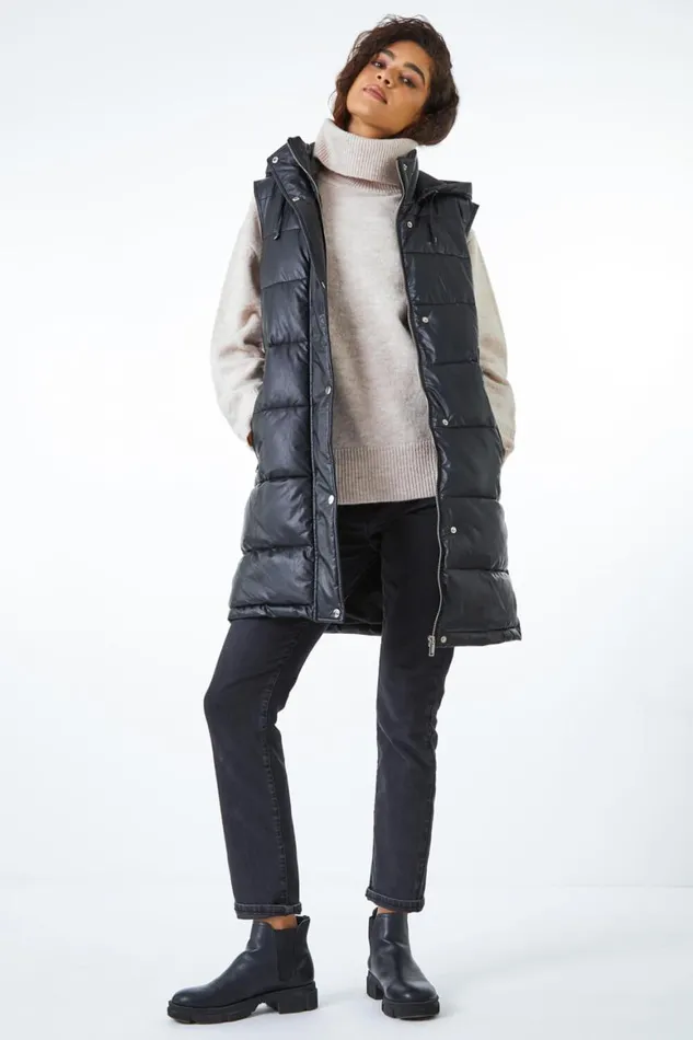 Women Black Faux Leather Longline Quilted Gilet Roman Coats