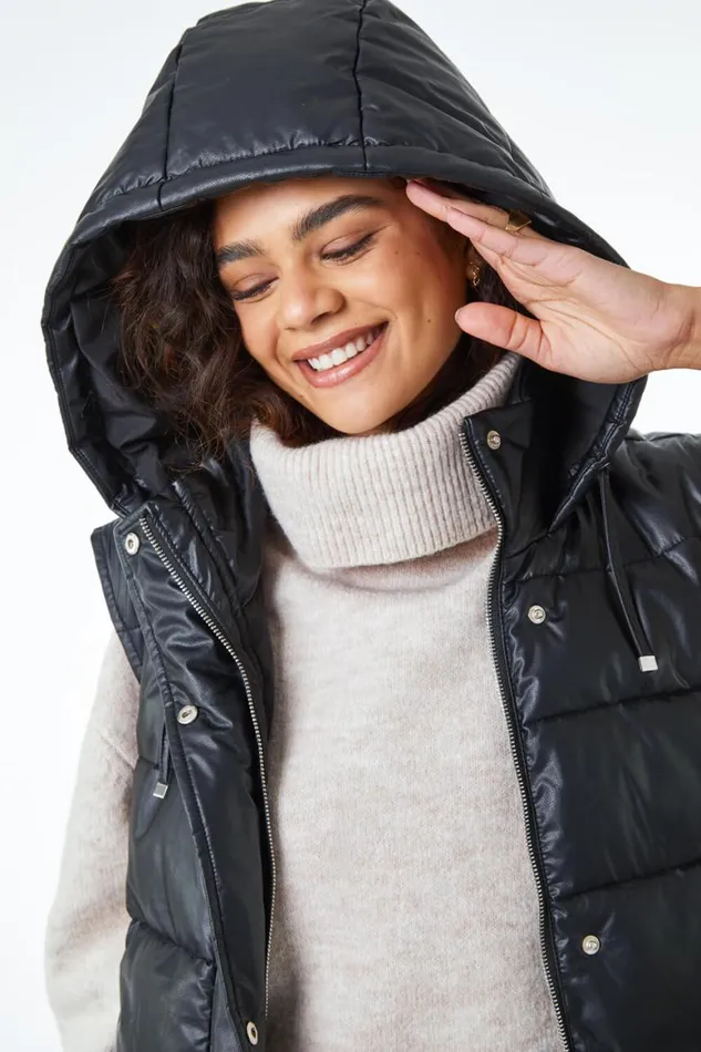 Women Black Faux Leather Longline Quilted Gilet Roman Coats