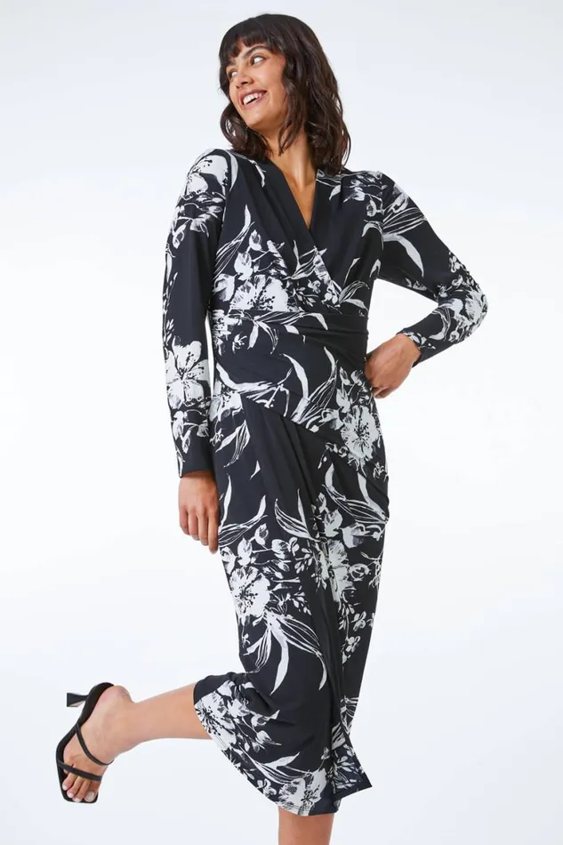 Women Black Fitted Floral Jersey Ruched Wrap Dress Roman Dresses
