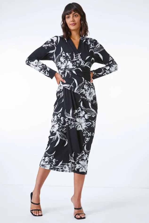 Women Black Fitted Floral Jersey Ruched Wrap Dress Roman Dresses