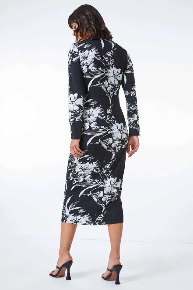 Women Black Fitted Floral Jersey Ruched Wrap Dress Roman Dresses